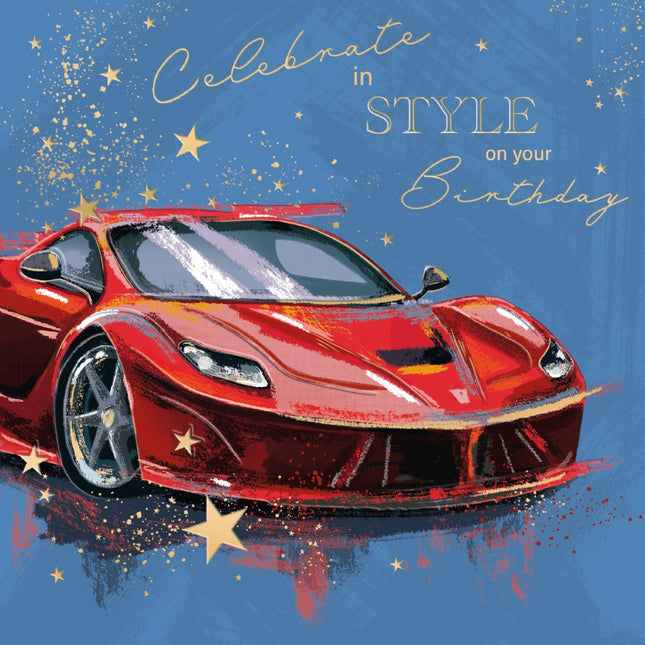 Birthday Card for Men - Red Sports Car Design - Embossed Gold Foil Finish - Premium Birthday Greeting Card with Envelope