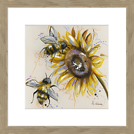 Sunflower and Bee Framed Print Wall Art - Ready to Hang Contemporary Floral Themed Home Decor - 'Busy Bees' Painting by Ashley Saunders - 26 x 26cm Framed Picture