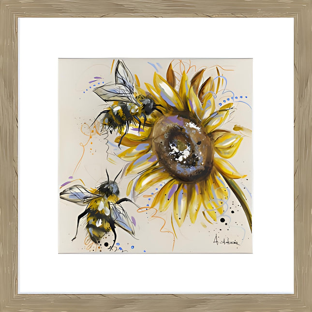 Sunflower and Bee Framed Print Wall Art - Ready to Hang Contemporary Floral Themed Home Decor - 'Busy Bees' Painting by Ashley Saunders - 26 x 26cm Framed Picture