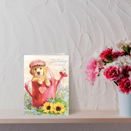 Birthday Card for Her, Cute Golden Retriever Dog & Floral Design