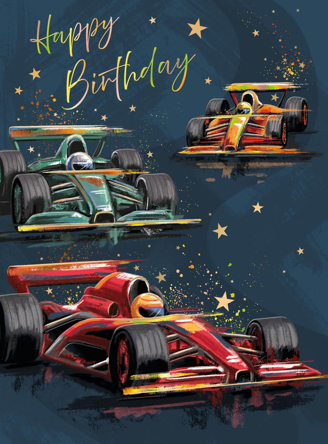 Male Birthday Card - Happy Birthday Card with Artistic Racing Car Design - Birthday Card for Men or Boys