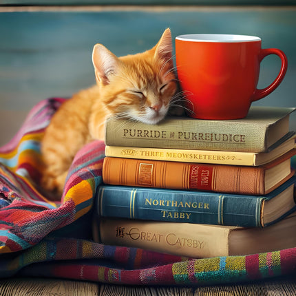Birthday or All-Occasion Card - Cute Kitten and Books Design - Blank Inside - For Men or Women - Animal Greeting Card