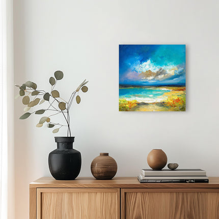 Artistic Abstract Ocean Skies Canvas Wall Art - 'Cornish Coastline' by Anna Schofield - Dramatic Nature Themed Artwork - Ready to Hang Home Décor - 30cm x 30cm
