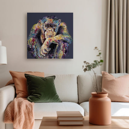 Chimpanzee Canvas Wall Art - 'I'm Still Thinking' by Louise Luton - Artistic Animal Print - Ready to Hang Home Décor - 40cm x 40cm