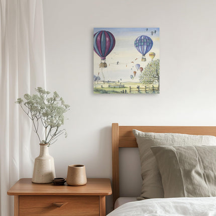 Rabbits & Hot Air Balloons Canvas Wall Art - Artistic 'Bunny Balance' by Catherine Stephenson - Countryside Themed Artwork - Ready to Hang Quirky Home Décor - 30 x 30cm