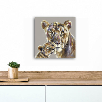 Artistic Lioness & Cub Canvas Wall Art - 'Majestic Bonds' by Louise Luton - African Animal Themed Artwork - Ready to Hang Home Décor - 40cm x 40cm