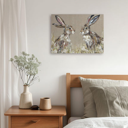 Artistic Hares & Wildflowers Canvas Wall Art - 'Hartley & Harriet' by Nicola Jane Rowles - Charming Animal Print - Ready to Hang Home Décor - 30cm x 40cm
