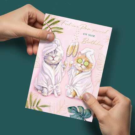 Birthday Card for Women - Cute Cats Being Pampered - 3D Embellishment & Gold Foil Finish - Premium Greeting Card with Envelope