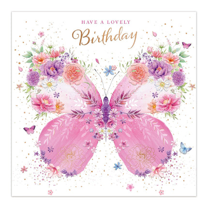 Birthday Card for Women - Pretty Floral Butterfly Design - Premium Embossed Rose Gold Foil Finish - Happy Birthday Greeting Card with Envelope