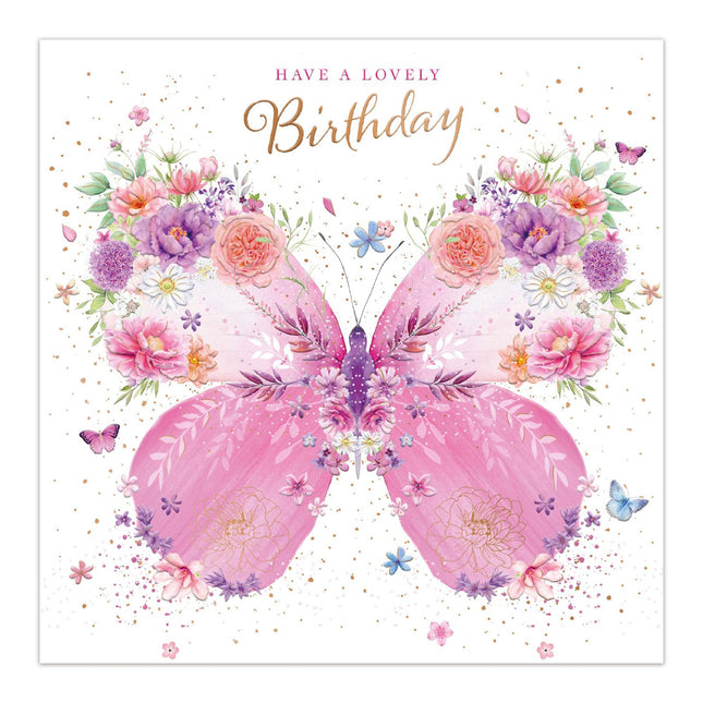 Birthday Card for Women - Pretty Floral Butterfly Design - Premium Embossed Rose Gold Foil Finish - Happy Birthday Greeting Card with Envelope