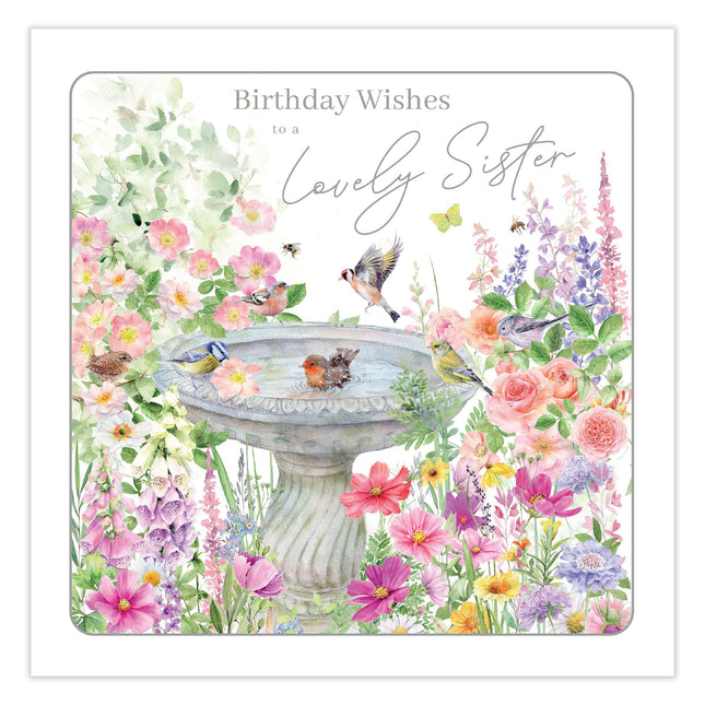 Birthday Card for Sister - Pretty Floral Bird Bath Design - Premium Greeting Card with Envelope