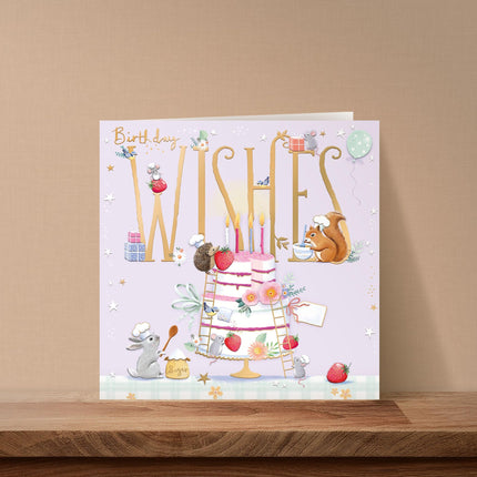 Birthday Card for Women - Cute Woodland Animals & Cake Design - Embossed Gold Foil Finish - Premium Greeting Card with Envelope