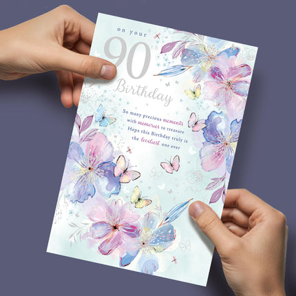 90th Birthday Card for Women - Age 90 Pretty Floral Butterflies Design - Silver Foil Finish - Premium Greeting Card with Envelope