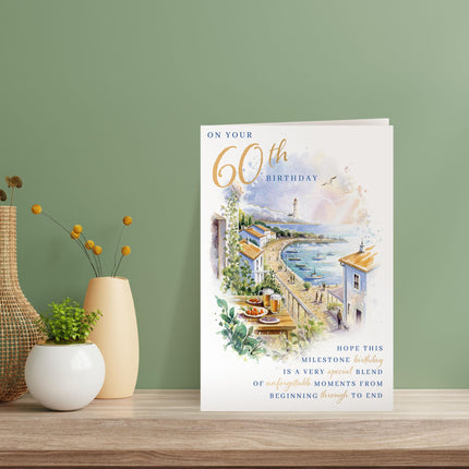 60th Birthday Card for Him - Coastal Harbour Design with Foil Finish & Illustrated Inner, Eco-Friendly & Made in the UK, Greeting Card with Envelope
