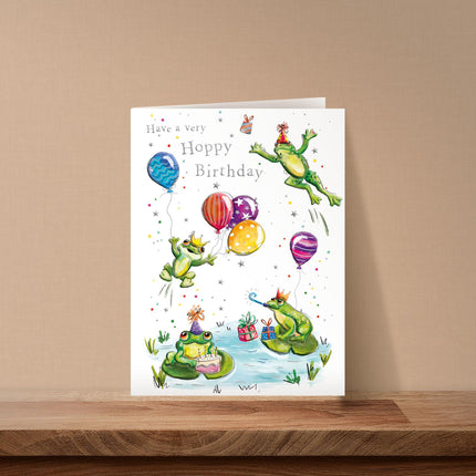 Birthday Card for Men, Women, Boys or Girls - Fun Frog Party Design - Embossed Gold Foil Finish - Hoppy Birthday Premium Greeting Card with Envelope