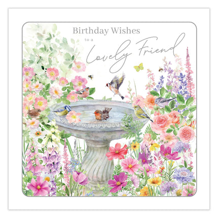 Birthday Card for Lovely Friend - Pretty Floral Bird Bath Design - Premium Greeting Card for Her with Envelope
