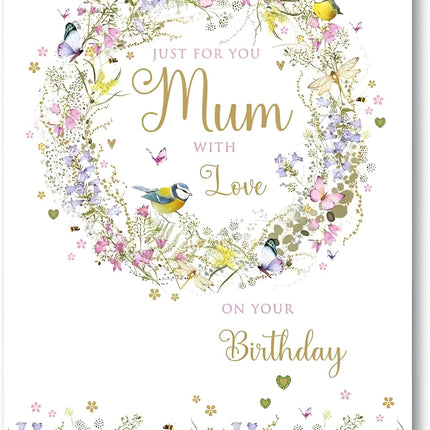 Birthday Card for Mum – Floral Wreath, Birds & Butterflies Design
