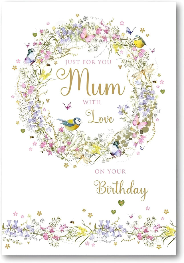 Birthday Card for Mum – Floral Wreath, Birds & Butterflies Design
