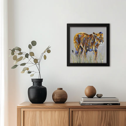 Lioness Framed Print Wall Art - 'Huntress' by Louise Luton - Safari Animal Themed Artwork - Ready to Hang Home Décor - 33.5cm x 33.5cm
