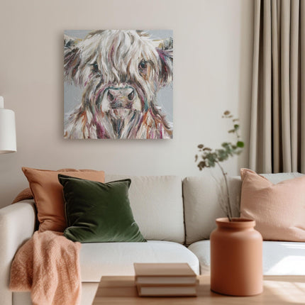 Artistic Highland Cow Canvas Wall Art - 'Ada' by Nicola Jane Rowles - Farm Animal Themed Artwork - Ready to Hang Home Décor - 40cm x 40cm