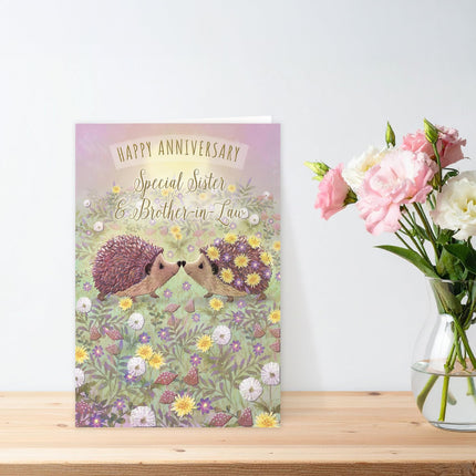 Special Sister and Brother-in-Law Anniversary Card - Happy Anniversary Card with Cute Artistic Floral Hedgehog Design - Anniversary Card for a Special Couple