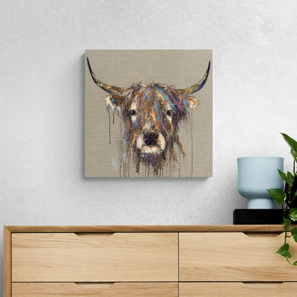 Artistic Highland Cow Canvas Wall Art - 'Faithful' by Louise Luton - Farm Animal Themed Artwork - Ready to Hang Home Décor - 40cm x 40cm