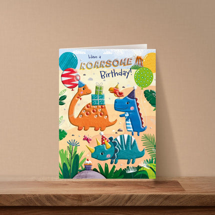 Birthday Card for Boys - Cute Roarsome Dinosaurs & Balloons Design - Embossed Silver Foil Finish - Premium Greeting Card with Envelope