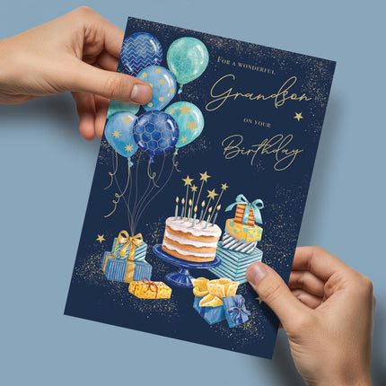 Birthday Card for Grandson - Fun Balloons & Cake Design - Premium Greeting Card with Envelope