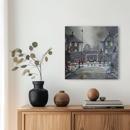 Football Game Canvas Print Wall Art - 'Derby Day' by Adam Barsby - Nostalgic Childhood Street Themed Artwork - Ready to Hang Home Décor - 40 x 40cm