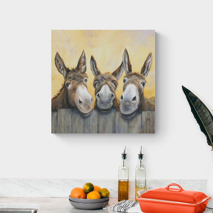 Donkeys Canvas Print - Over The Fence Painting by Ruth Aslett - Contemporary Animal Themed Artwork - 60 x 60 cm
