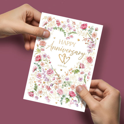 Congratulations Anniversary Card - Romantic Floral Love Heart Design - Embossed Gold Foil Finish - Premium Greeting Card with Envelope
