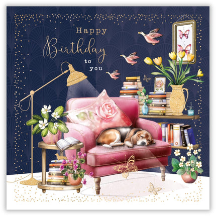 Birthday Card for Women - Stylish Dog and Book Design - Embossed Foil Finish - Pretty Birthday Greeting Card