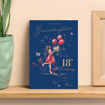18th Birthday Card for Granddaughter - Age 18 Elegant Girl & Floral Butterfly Design - Premium Greeting Card with Envelope