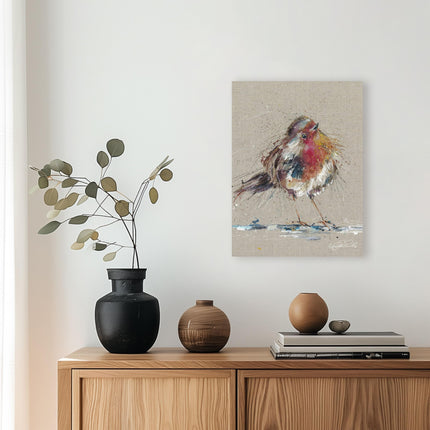 Red Robin Canvas Print Wall Art - Artistic 'Thinking of You' by Nicola Jane Rowles - Charming Garden Bird Print - Ready to Hang Home Décor Painting - 30 x 40cm