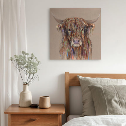 Artistic Highland Cow Canvas Wall Art - 'Bold Cow' by Louise Luton - Farm Animal Themed Artwork - Ready to Hang Home Décor - 40cm x 40cm