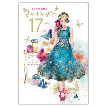 17th Birthday Card for Granddaughter - Age 17 Pretty Girl & Butterflies Design - Premium Greeting Card with Envelope