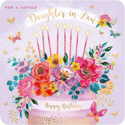 Daughter-in-Law Birthday Card - Elegant Floral Cake Design - Embossed Foil Finish - Happy Birthday Card to a Lovely Daughter-in-Law - For Her