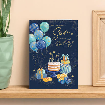 Birthday Card for Son - Fun Balloons & Cake Design - Premium Greeting Card with Envelope