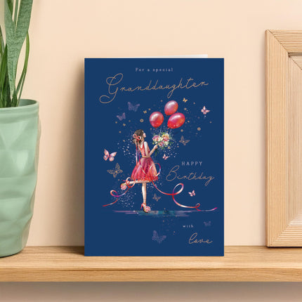Birthday Card for Granddaughter - Elegant Girl & Floral Butterfly Design - Premium Greeting Card with Envelope