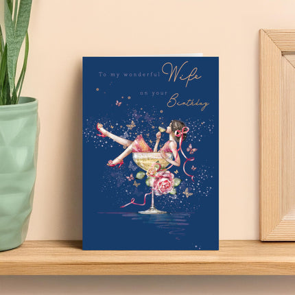 Birthday Card for Wife - Pretty Floral Cocktail Design - Premium Greeting Card with Envelope