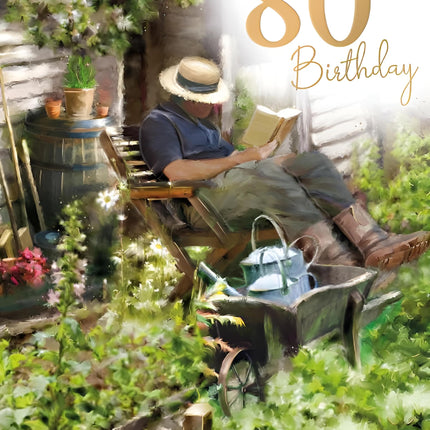 Male 80th Birthday Card - Happy Birthday Card Age 80 with Garden Reading Design - Birthday Card for Men