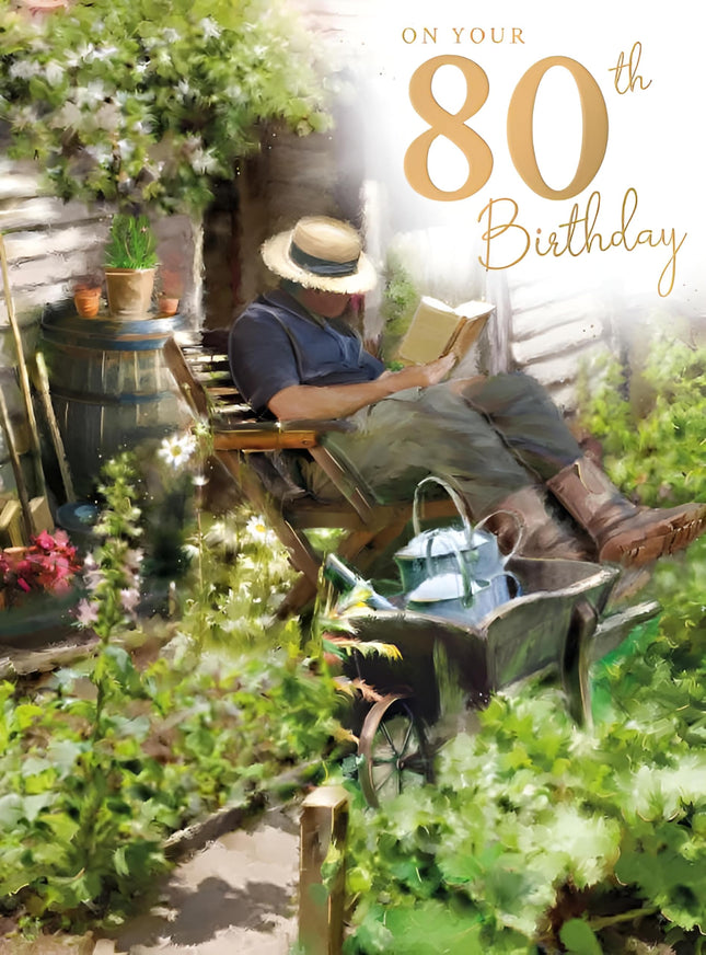 Male 80th Birthday Card - Happy Birthday Card Age 80 with Garden Reading Design - Birthday Card for Men