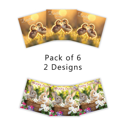 Easter Cards Pack of 6 - Cute Chicks & Bunny Rabbits Designs - 3 Each of 2 Designs - Assorted Premium Greeting Cards Multipack with Envelopes