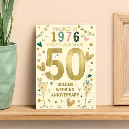 Golden Anniversary Card – Champagne, Love Hearts & 1976 Design