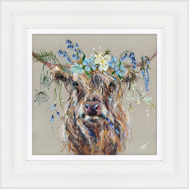 Floral Highland Cow Framed Print Wall Art - Animal Themed Home Decor - Louise Luton Artwork - Ready to Hang 'Bluebell' Painting - 41 x 41 cm