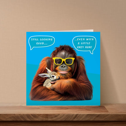 Funny Blank Card for Men - Orangutan & Hare - Witty Grey Hair Joke - Premium Greeting Card with Envelope - Suitable for Birthdays & Other Occasions