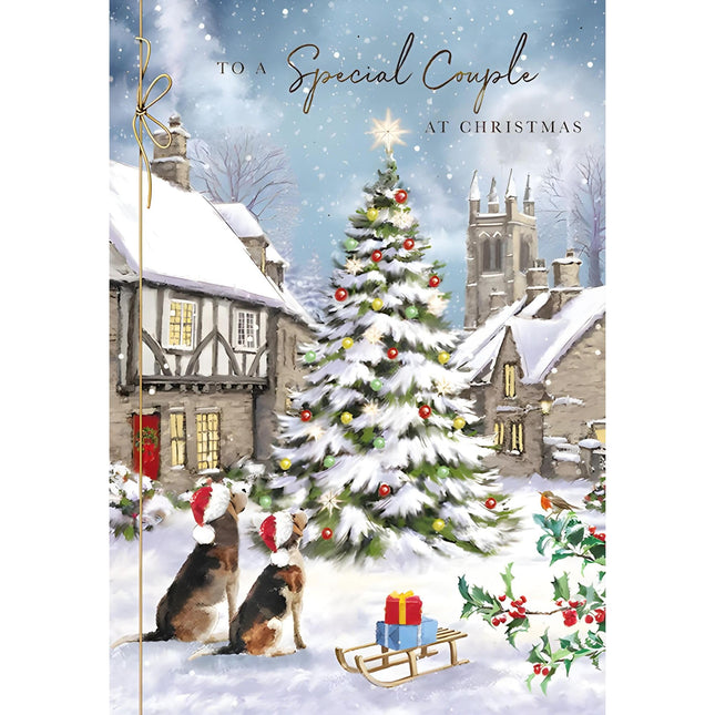 Christmas Card for Son & Daughter-in-Law - Festive Dogs in the Snow - Gold Foil Finish - Premium Quality Special Christmas Greeting Card with Envelope