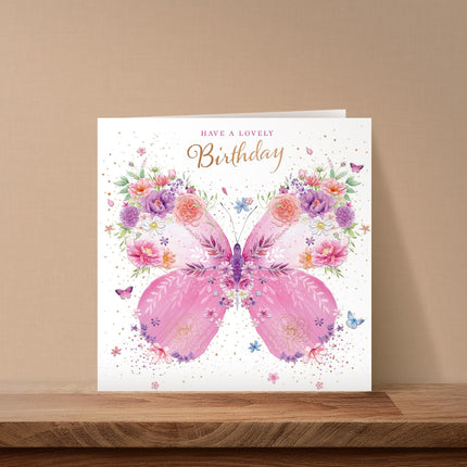 Birthday Card for Women - Pretty Floral Butterfly Design - Premium Embossed Rose Gold Foil Finish - Happy Birthday Greeting Card with Envelope