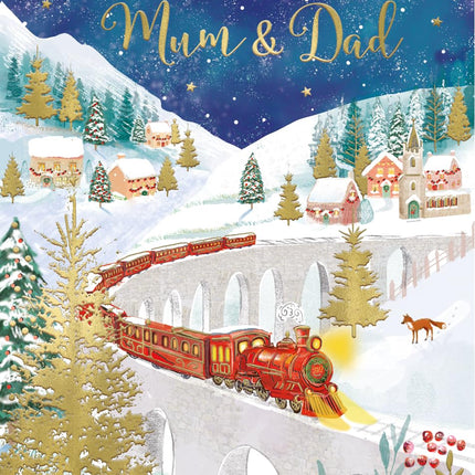 IC&G Christmas Card for Mum & Dad - Festive Steam Train Design - Embossed Foil Finish - Premium Quality Special Christmas Greeting Card with Envelope - For Parents