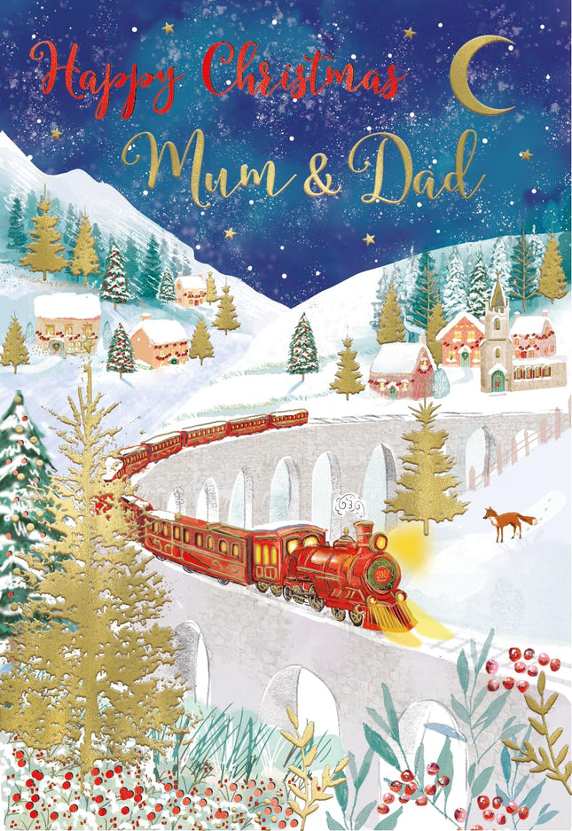 IC&G Christmas Card for Mum & Dad - Festive Steam Train Design - Embossed Foil Finish - Premium Quality Special Christmas Greeting Card with Envelope - For Parents